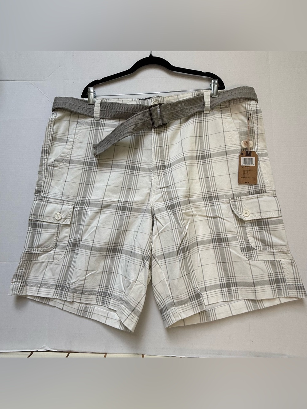 PLAID DENIM SHORTS BONE LT. GREY CANVAS BELT CARGO PANTS NWT SIZE 46
